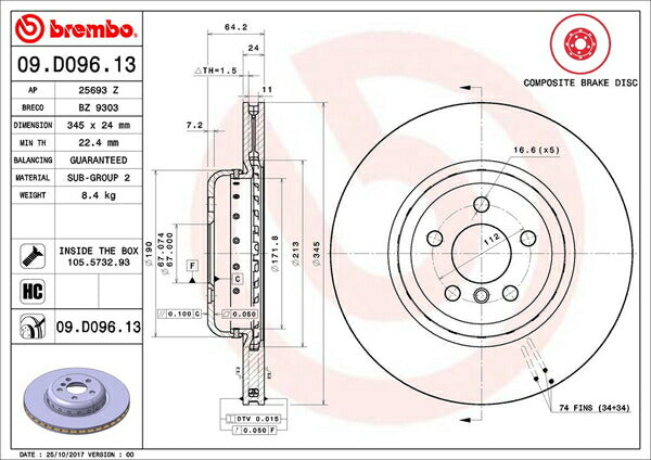 brembo BRAKE DISC BMW 7シリーズ G11/G12 7A44/7F44 2015/10〜 リア左右セット 09.D096.13