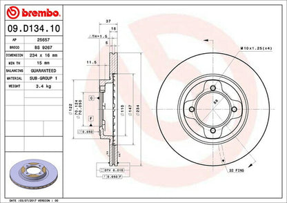 brembo BRAKE DISC ダイハツ ミラ L500S 1994/08〜1998/08 フロント左右セット 09.D134.10