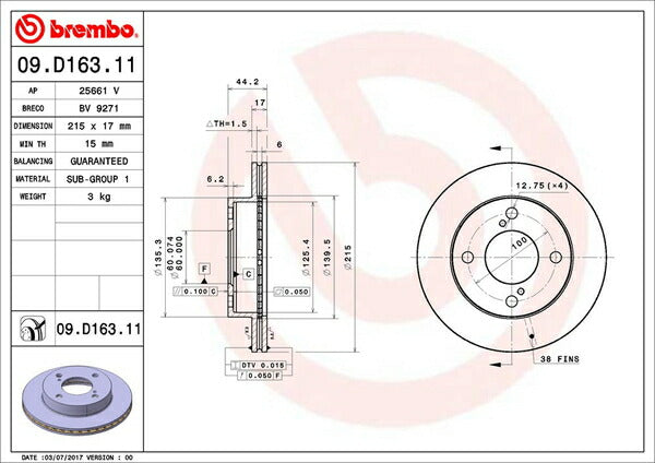brembo BRAKE DISC スズキ キャリイ/エブリイ DA17W 2015/02〜 フロント左右セット 09.D163.11