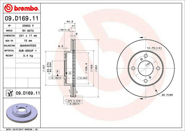brembo BRAKE DISC スズキ エブリイ+ DA32W 1999/06〜2001/05 フロント左右セット 09.D169.11