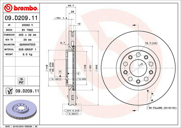 brembo BRAKE DISC FIAT 500X 33414 2015/10〜2019/05 フロント左右セット 09.D209.11