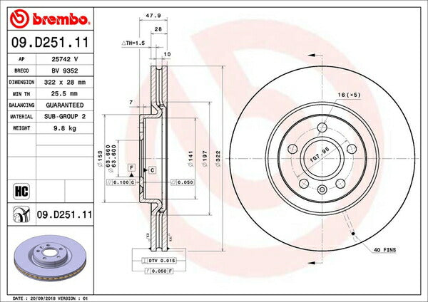 brembo BRAKE DISC VOLVO S90 PB420 2017/12〜 フロント左右セット 09.D251.11