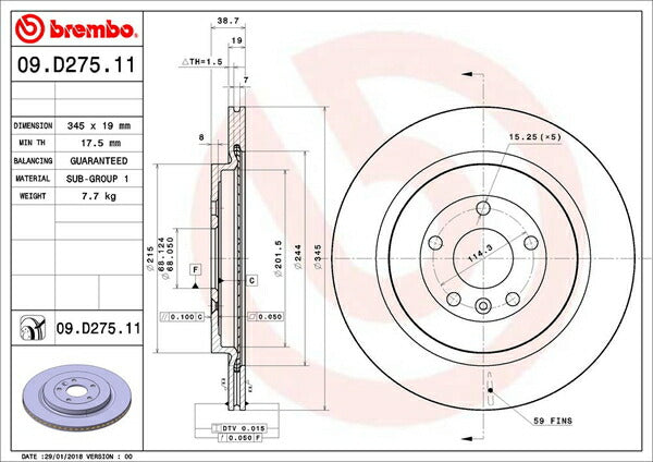 brembo BRAKE DISC FORD エクスプローラー 1FM5KT 2016/03〜 リア左右セット 09.D275.11