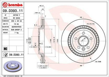 brembo BRAKE DISC VOLVO V60 FB6304T 2011/06〜 リア左右セット 09.D393.11