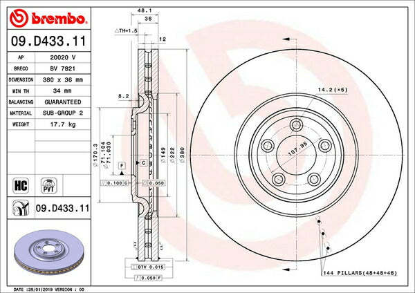 brembo BRAKE DISC JAGUAR Fタイプ J60MA 2013/05〜 フロント左右セット 09.D433.11