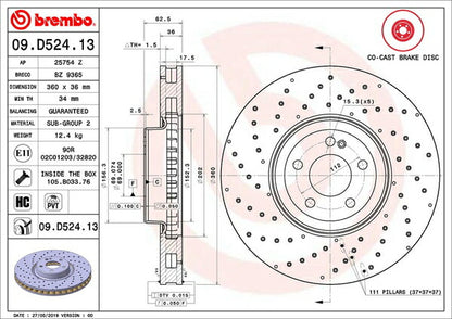brembo BRAKE DISC MERCEDES BENZ GLC X253 253946C 2016/02〜2019/10 フロント左右セット 09.D524.13