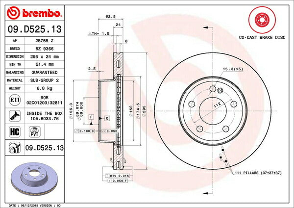 brembo BRAKE DISC MERCEDES BENZ Cクラス W205(セダン) 205040C 2014/07〜 フロント左右セット 09.D525.13