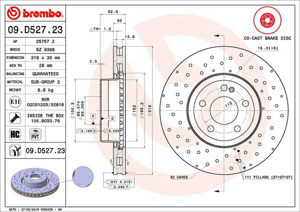 brembo BRAKE DISC MERCEDES BENZ Cクラス W205(ワゴン) 205240C 2014/10〜2019/10 フロント左右セット 09.D527.23
