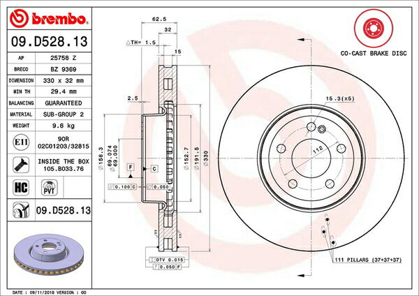 brembo BRAKE DISC MERCEDES BENZ CLSクラス C257 257314 フロント左右セット 09.D528.13