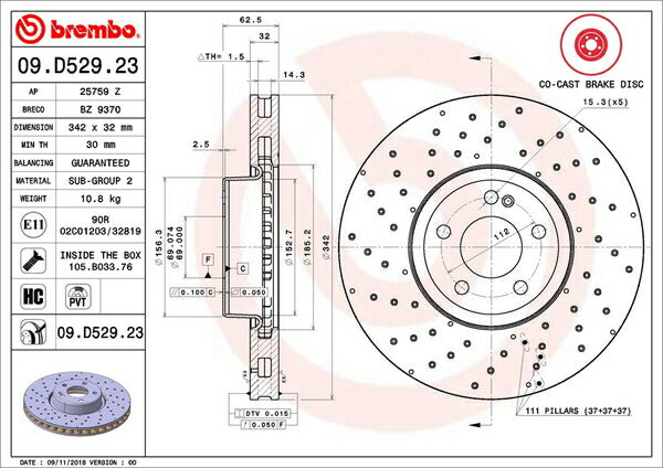 brembo BRAKE DISC MERCEDES BENZ CLSクラス C257 257314 フロント左右セット 09.D529.23