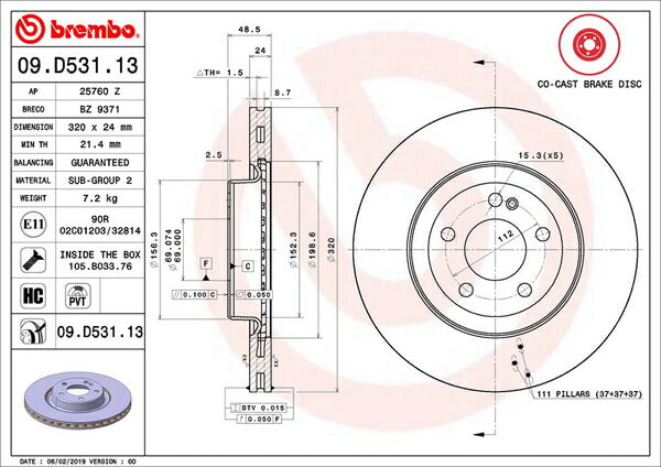 brembo BRAKE DISC MERCEDES BENZ GLC X253 253946C 2016/02〜 リア左右セット 09.D531.13
