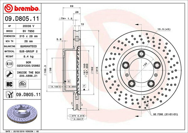 brembo BRAKE DISC PORSCHE ケイマン 981MA122 2012/12〜 フロント左右セット 09.D805.11