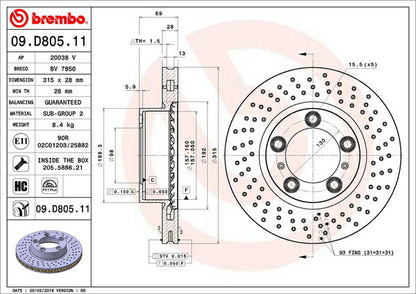 brembo BRAKE DISC PORSCHE ボクスター 981MA122 2012/06〜2016/01 フロント左右セット 09.D805.11