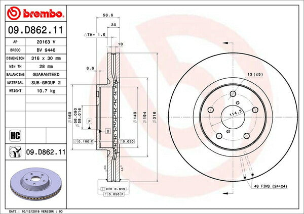 brembo BRAKE DISC スバル インプレッサ GVF 2009/02〜 フロント左右セット 09.D862.11