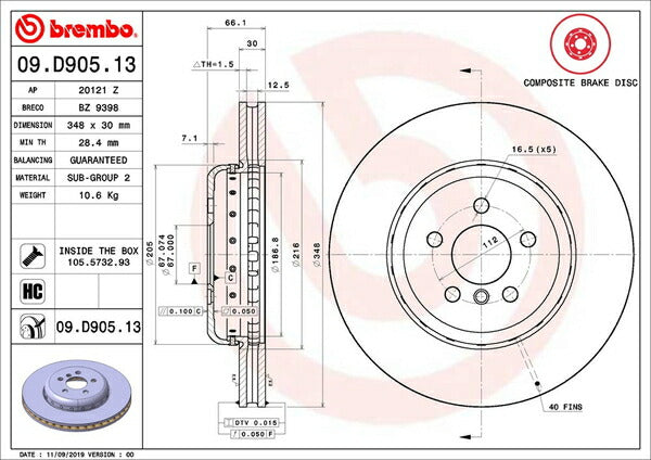 brembo BRAKE DISC BMW G30 JA20P 2017/02〜 フロント左右セット 09.D905.13