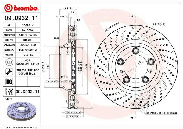 brembo BRAKE DISC PORSCHE 911 991MA103 2011/11〜 フロント左右セット 09.D932.11