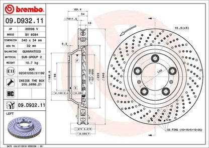 brembo BRAKE DISC PORSCHE 911 991MA103 2012/06〜 フロント左右セット 09.D932.11