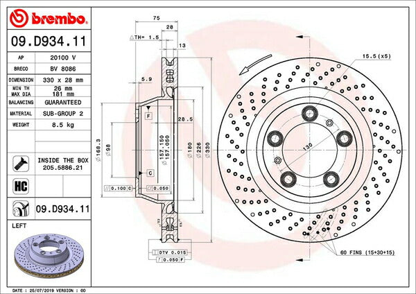 brembo BRAKE DISC PORSCHE 911 991MA104 2012/06〜2015/09 リア左右セット 09.D934.11