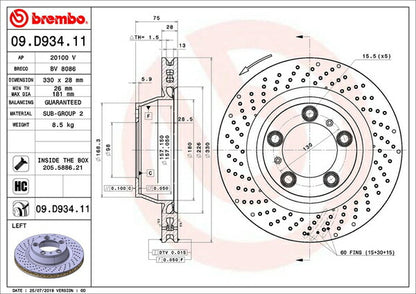 brembo BRAKE DISC PORSCHE 911 991MA104 2011/11〜2015/09 リア左右セット 09.D934.11