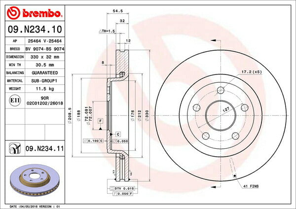 brembo BRAKE DISC JEEP グランドチェロキー WK36/WK36A/WK36T/WK36TA 2011/03〜 フロント左右セット 09.N234.11