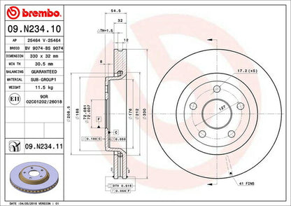 brembo BRAKE DISC JEEP グランドチェロキー WK36/WK36A/WK36T/WK36TA 2011/03〜 フロント左右セット 09.N234.11