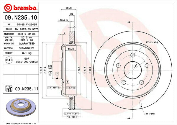 brembo BRAKE DISC JEEP グランドチェロキー WK57A 2011/12〜 リア左右セット 09.N235.11