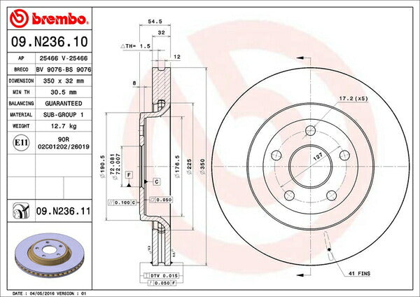 brembo BRAKE DISC JEEP グランドチェロキー WK36/WK36A/WK36T/WK36TA 2011/03〜 フロント左右セット 09.N236.11
