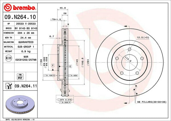 brembo BRAKE DISC ミツビシ デリカD：5 CV2W 2011/12〜2012/07 フロント左右セット 09.N264.11