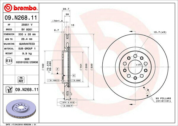brembo BRAKE DISC JEEP チェロキー KL32/KL32L 2014/05〜 フロント左右セット 09.N268.11