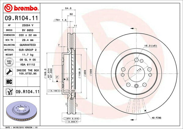brembo BRAKE DISC MERCEDES BENZ Mクラス W164 164175C 2005/10〜2012/06 フロント左右セット 09.R104.11