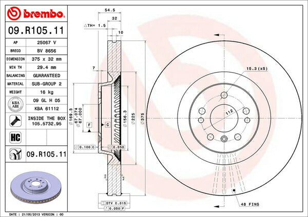brembo BRAKE DISC MERCEDES BENZ GLクラス X164 164828 2006/10〜2013/04 フロント左右セット 09.R105.11