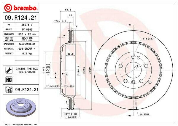 brembo BRAKE DISC MERCEDES BENZ GLクラス X164 164828 2006/10〜2013/04 リア左右セット 09.R124.21
