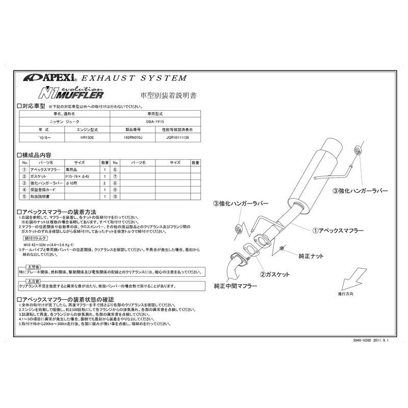 APEXi N1 evolution B ジューク DBA-YF15 2010/06〜 【162RN070J】 マフラー アペックス N1エボリューションB