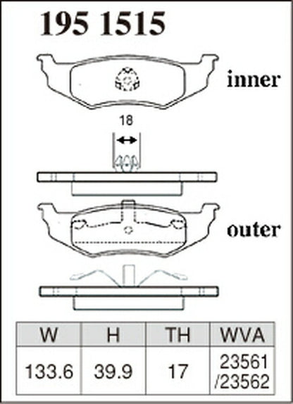DIXCEL ブレーキパッド Zタイプ CHRYSLER PTクルーザー PT2K20 2000/06〜2004/09 リア左右セット 1951515