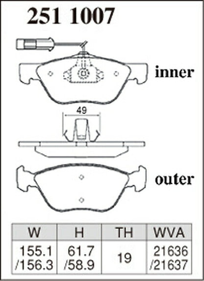 DIXCEL ブレーキパッド Zタイプ FIAT プント 188A1/188A6 2003〜2006/05 フロント左右セット 2511007