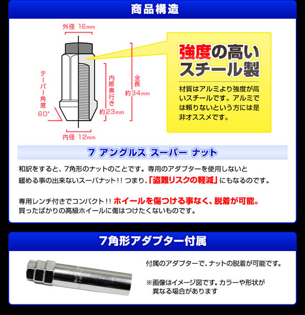 KTS 7角形ナット 20個セット 全長34mm M12 ネジピッチ・カラー選択可 20本セット 貫通ナット 60°テーパー スチール ホイールナット ホイルナット sgw