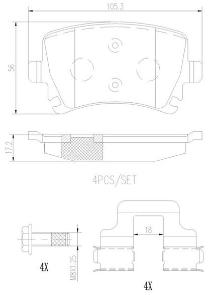 brembo CERAMIC PAD VOLKSWAGEN ゴルフV 1KBLG 2007/02〜2009/03 リア左右セット P85 073N
